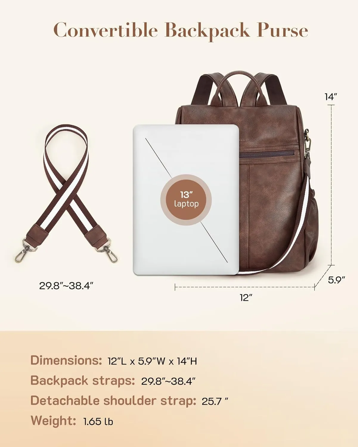 Missnine Backpack Purse for Women, PU Leather Anti-theft Backpack, Ladies Convertible Satchel Bags, Shoulder Bag for Travel, Work, Trip, Coffee