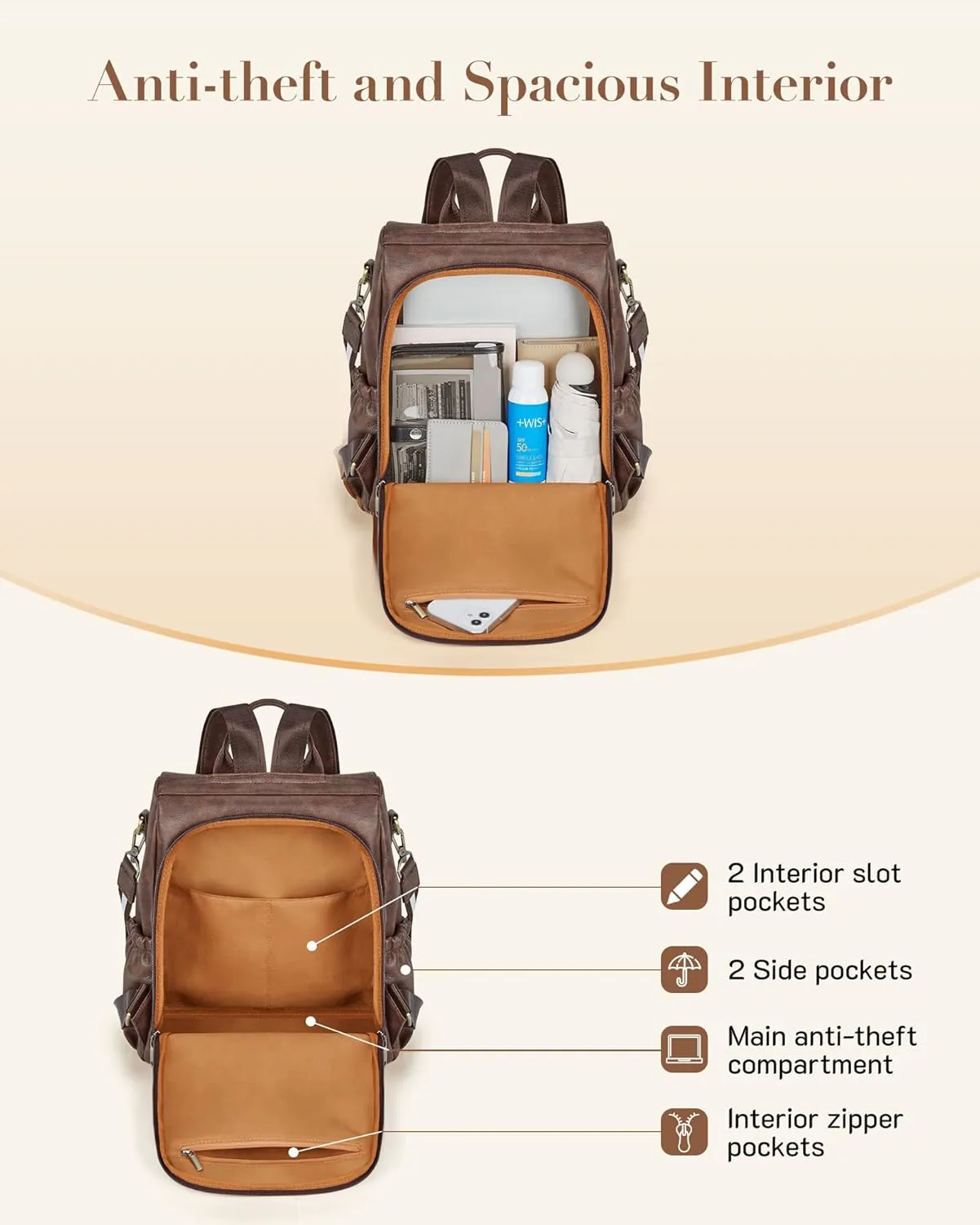 Missnine Backpack Purse for Women, PU Leather Anti-theft Backpack, Ladies Convertible Satchel Bags, Shoulder Bag for Travel, Work, Trip, Coffee