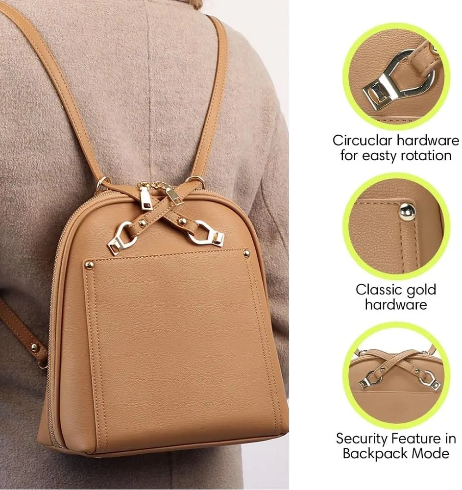 Miztique The Daisy Convertible Backpack Purse for Women (Camel) | Soft Vegan Leather Shoulder Strap Bag or Convertible Backpack | 10.5in x 4in x 11.5in |