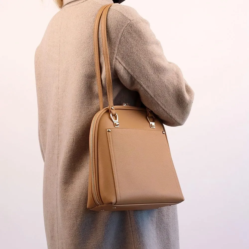 Miztique The Daisy Convertible Backpack Purse for Women (Camel) | Soft Vegan Leather Shoulder Strap Bag or Convertible Backpack | 10.5in x 4in x 11.5in |