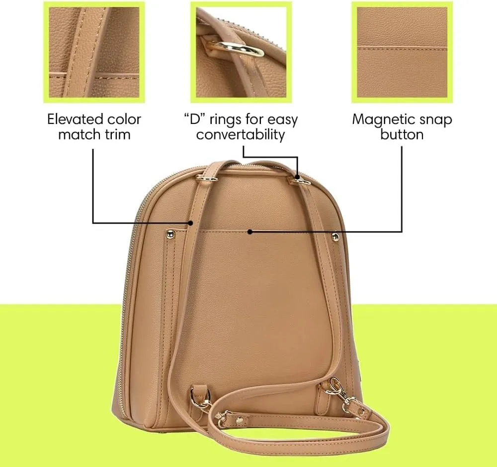Miztique The Daisy Convertible Backpack Purse for Women (Camel) | Soft Vegan Leather Shoulder Strap Bag or Convertible Backpack | 10.5in x 4in x 11.5in |