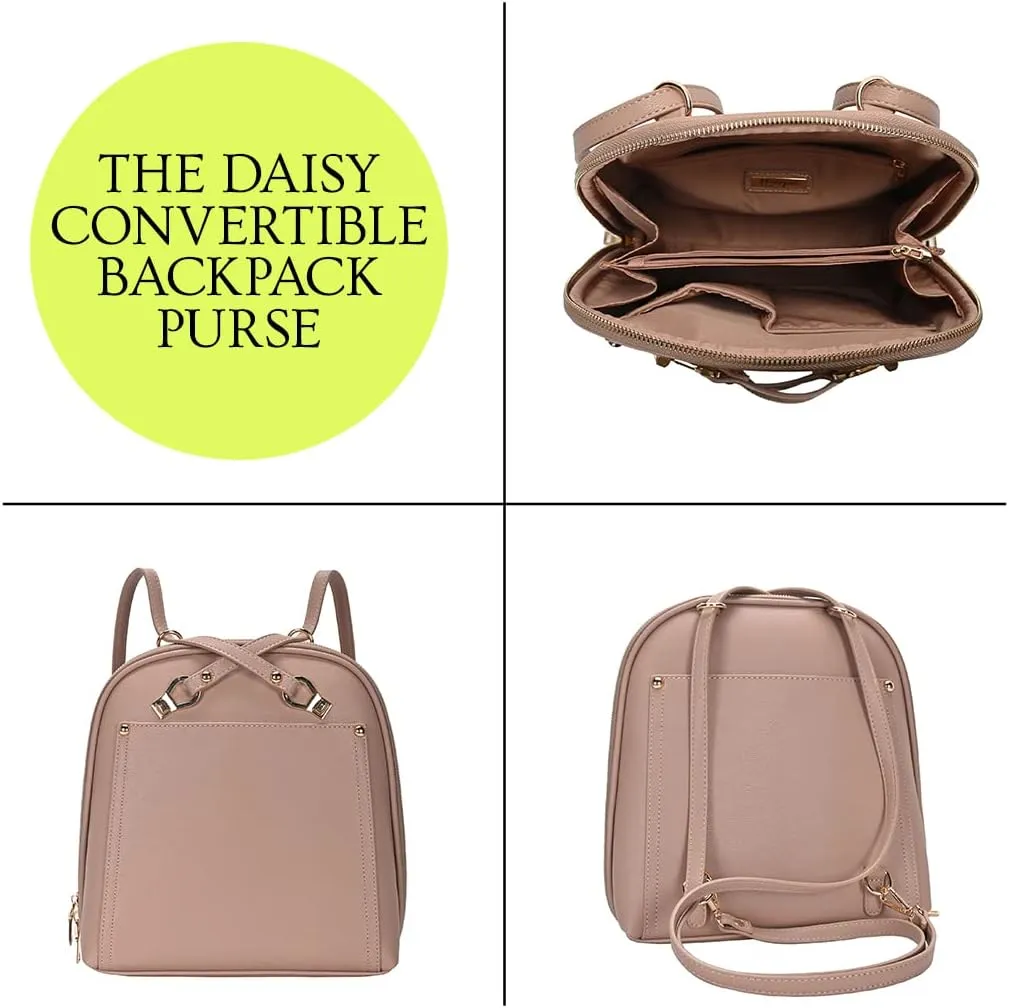 Miztique The Daisy Convertible Backpack Purse for Women (Mauve) | Soft Vegan Leather Shoulder Strap Bag or Convertible Backpack | 10.5in x 4in x 11.5in |