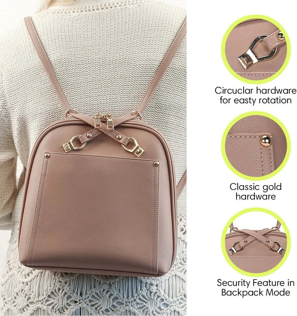 Miztique The Daisy Convertible Backpack Purse for Women (Mauve) | Soft Vegan Leather Shoulder Strap Bag or Convertible Backpack | 10.5in x 4in x 11.5in |
