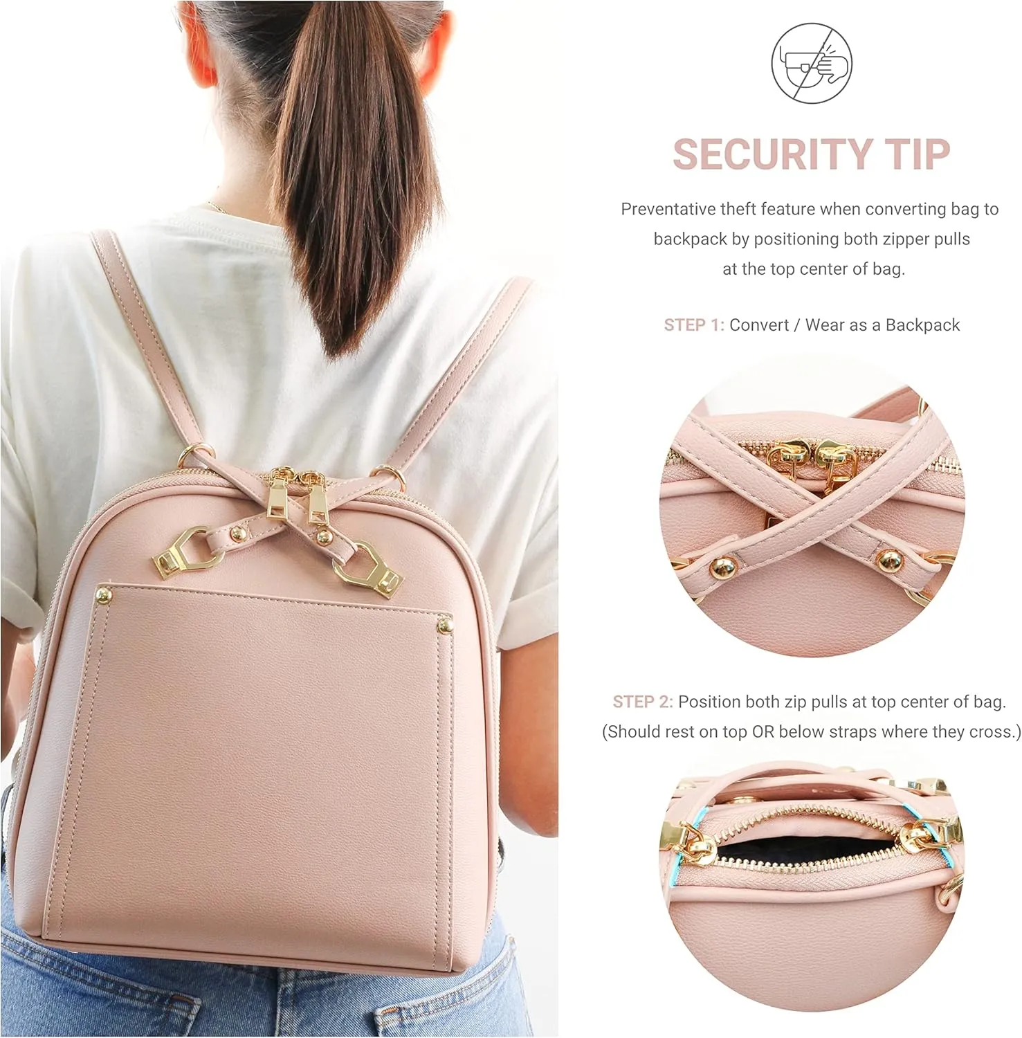 Miztique The Daisy Convertible Backpack Purse for Women (Mauve) | Soft Vegan Leather Shoulder Strap Bag or Convertible Backpack | 10.5in x 4in x 11.5in |