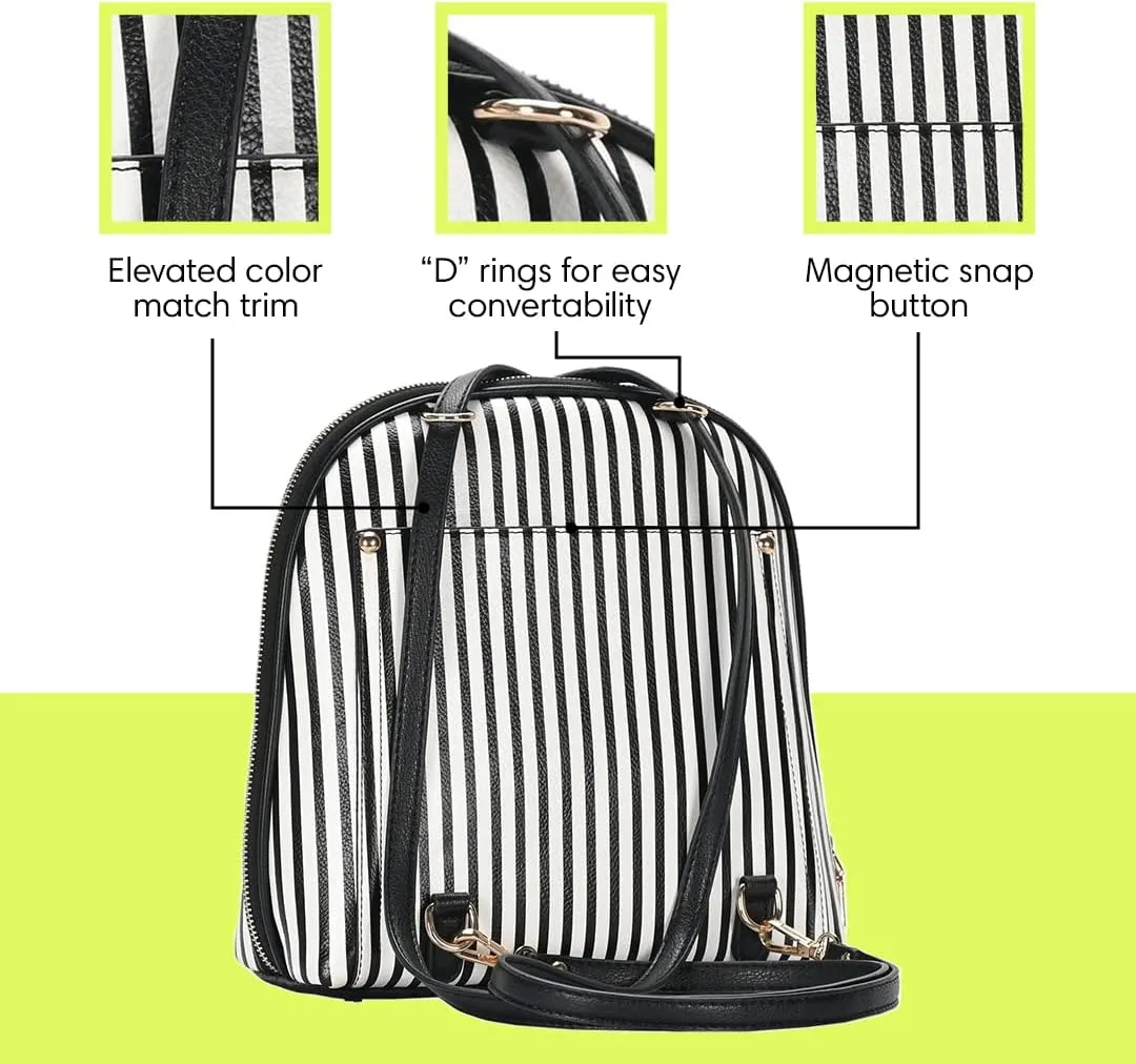 Miztique - The Daisy Convertible Backpack Purse for Women (White Stripe) | Soft Vegan Leather Shoulder Strap Bag or Convertible Backpack | 10.5in x 4in x 11.5in |