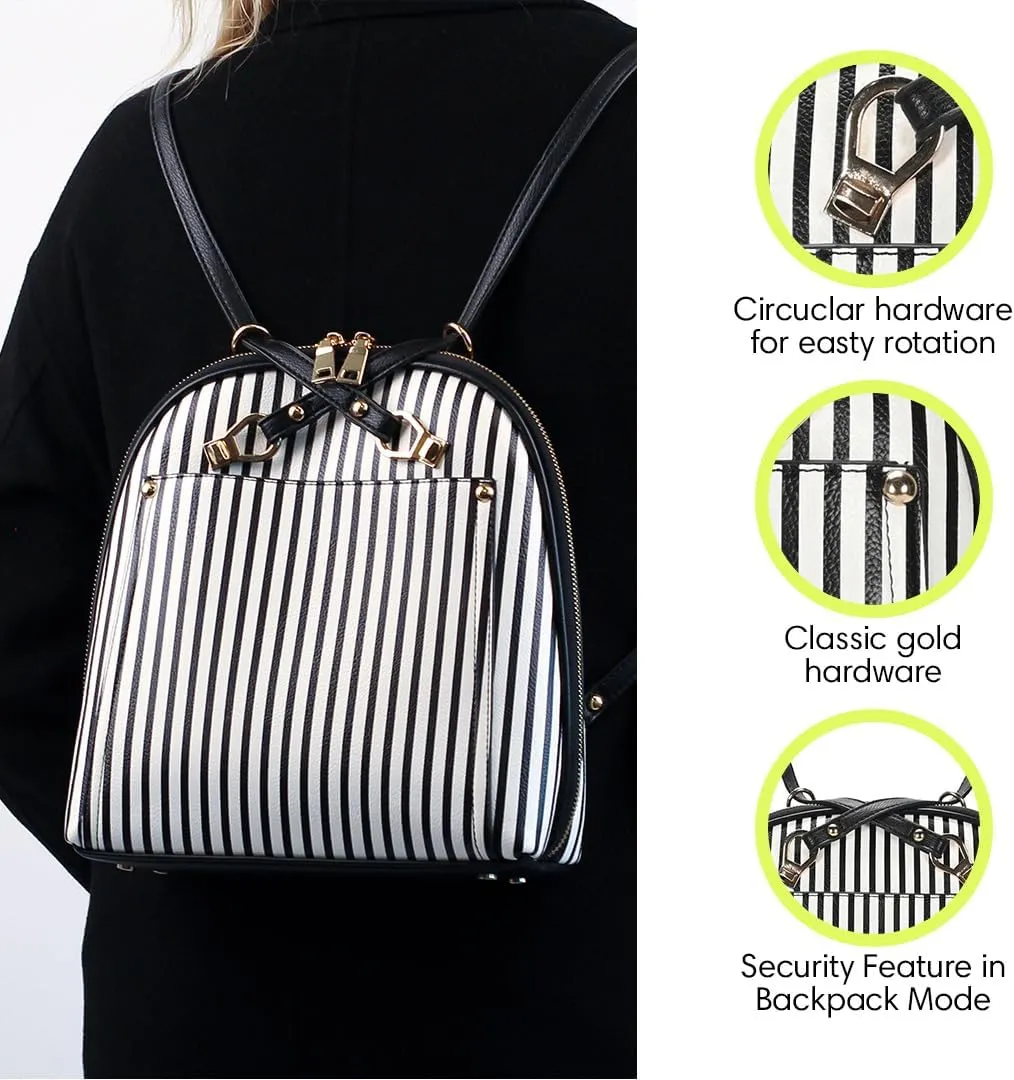 Miztique - The Daisy Convertible Backpack Purse for Women (White Stripe) | Soft Vegan Leather Shoulder Strap Bag or Convertible Backpack | 10.5in x 4in x 11.5in |