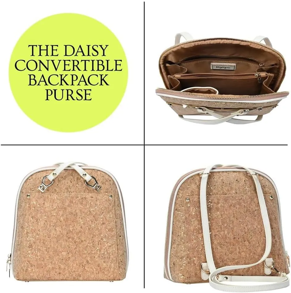 Miztique The Daisy Cork Convertible Backpack Purse for Women (Cream) | Cork Shoulder Strap Bag or Convertible Backpack | 10.5in x 4in x 11.5in |