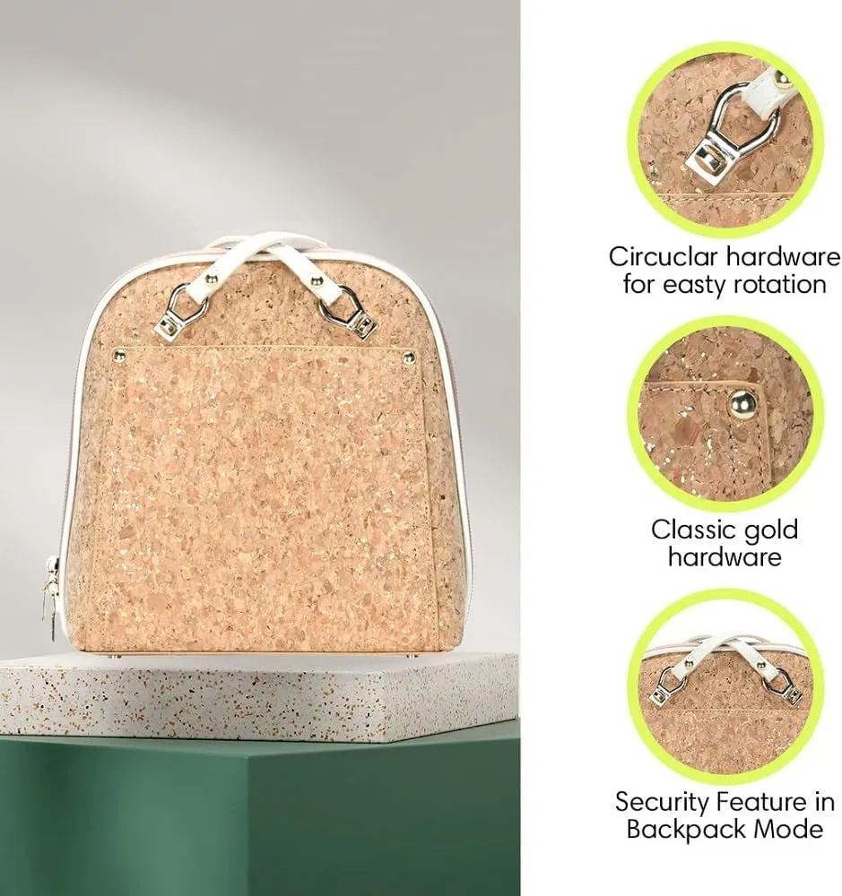 Miztique The Daisy Cork Convertible Backpack Purse for Women (Cream) | Cork Shoulder Strap Bag or Convertible Backpack | 10.5in x 4in x 11.5in |