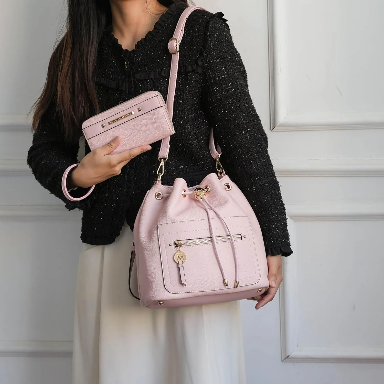 MKF Collection Crossbody Bucket Bag for Women, Drawstring Hobo Shoulder Bags Fashion Handbag Purse with Wristlet Wallet