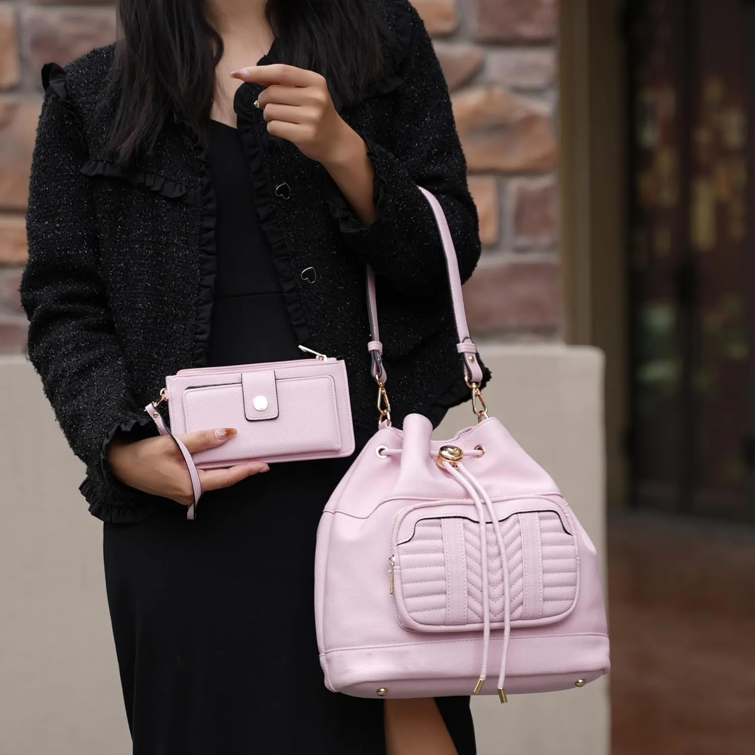 MKF Collection Crossbody Bucket Bag for Women, Drawstring Hobo Shoulder Bags Fashion Handbag Purse with Wristlet Wallet