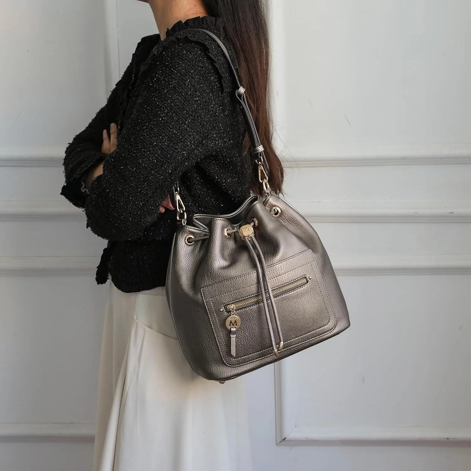 MKF Collection Crossbody Bucket Bag for Women, Drawstring Hobo Shoulder Bags Fashion Handbag Purse with Wristlet Wallet