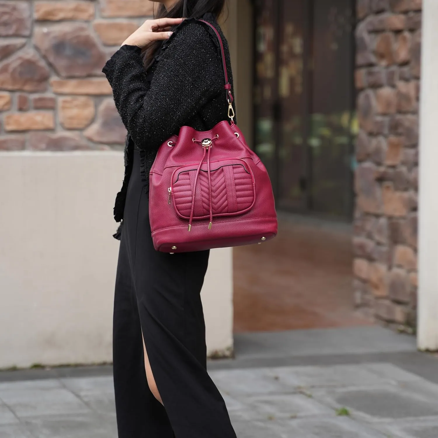 MKF Collection Crossbody Bucket Bag for Women, Drawstring Hobo Shoulder Bags Fashion Handbag Purse with Wristlet Wallet