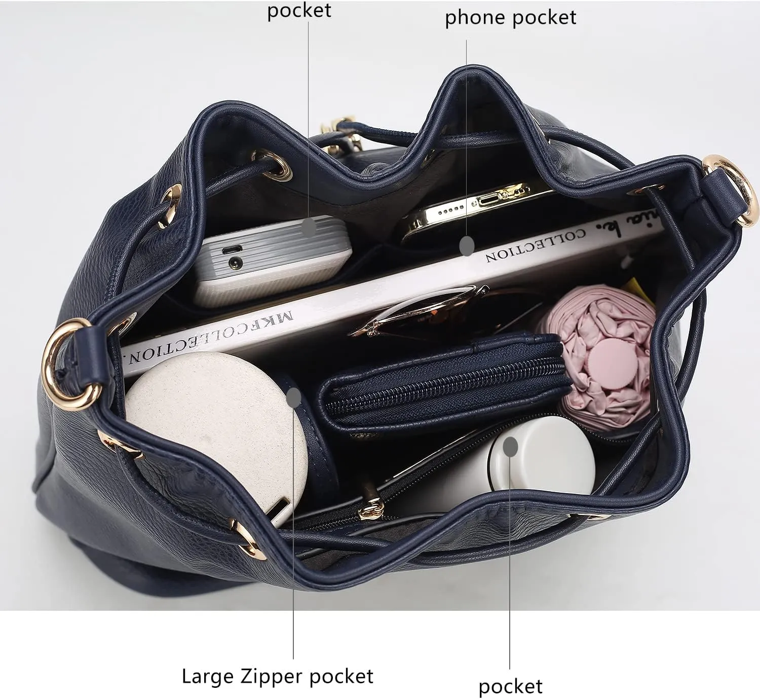MKF Collection Crossbody Bucket Bag for Women, Drawstring Hobo Shoulder Bags Fashion Handbag Purse with Wristlet Wallet