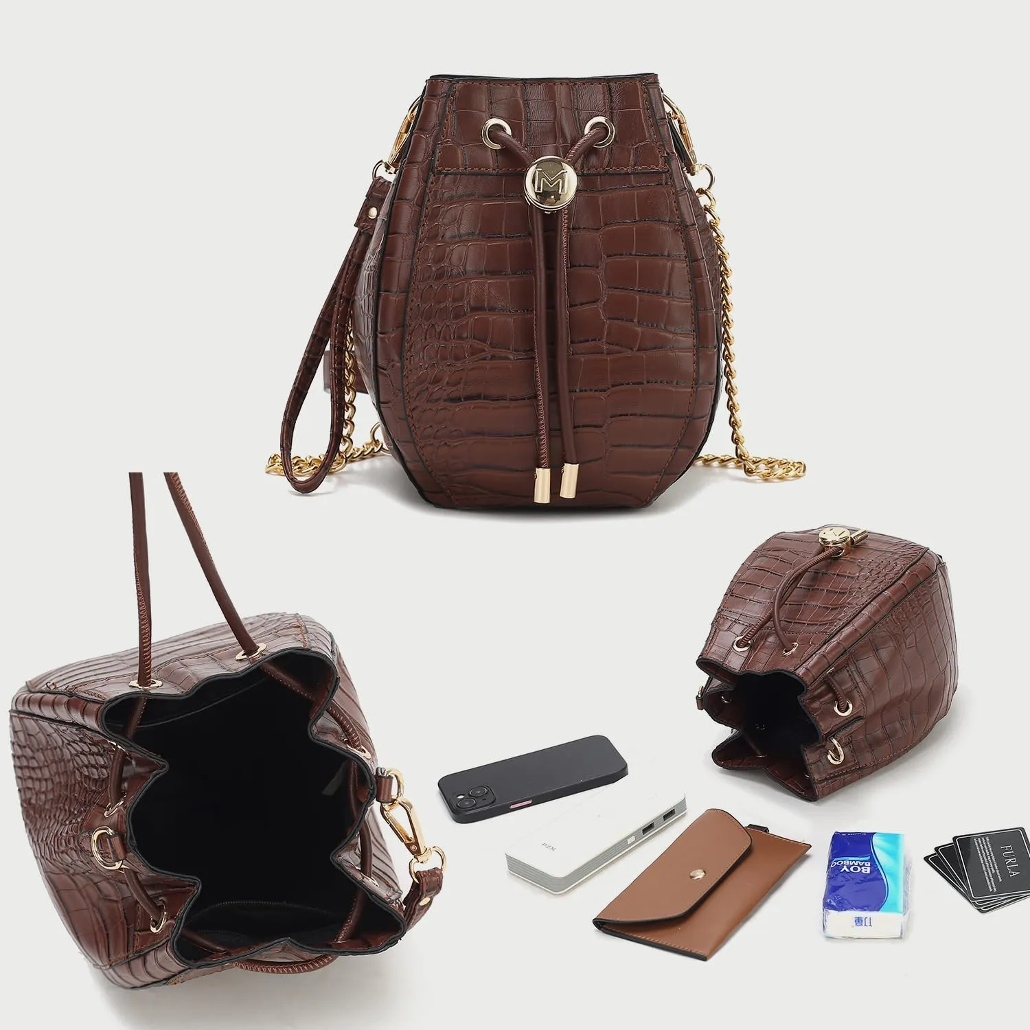 MKF Collection Women's Shoulder Bag, Croco Vegan Leather Crossbody Bag Drawstring Handbag Purse by Mia K