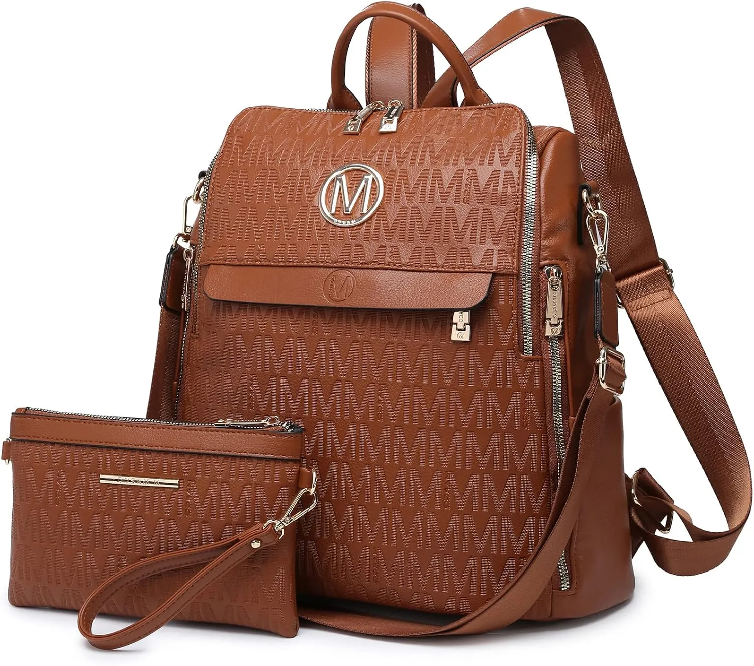 MKP Women Fashion Backpack Purse PU Leather Convertible Medium Ladies Rucksack Travel Shoulder Bags Handbag and Purse 2Pcs Brown