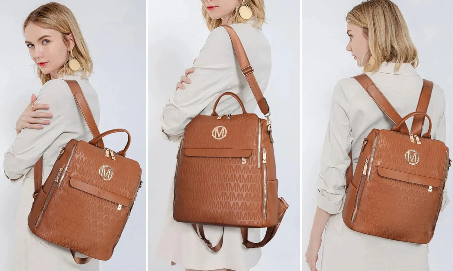 MKP Women Fashion Backpack Purse PU Leather Convertible Medium Ladies Rucksack Travel Shoulder Bags Handbag and Purse 2Pcs Brown