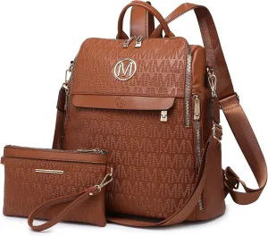 MKP Women Fashion Backpack Purse PU Leather Convertible Medium Ladies Rucksack Travel Shoulder Bags Handbag and Purse 2Pcs Brown