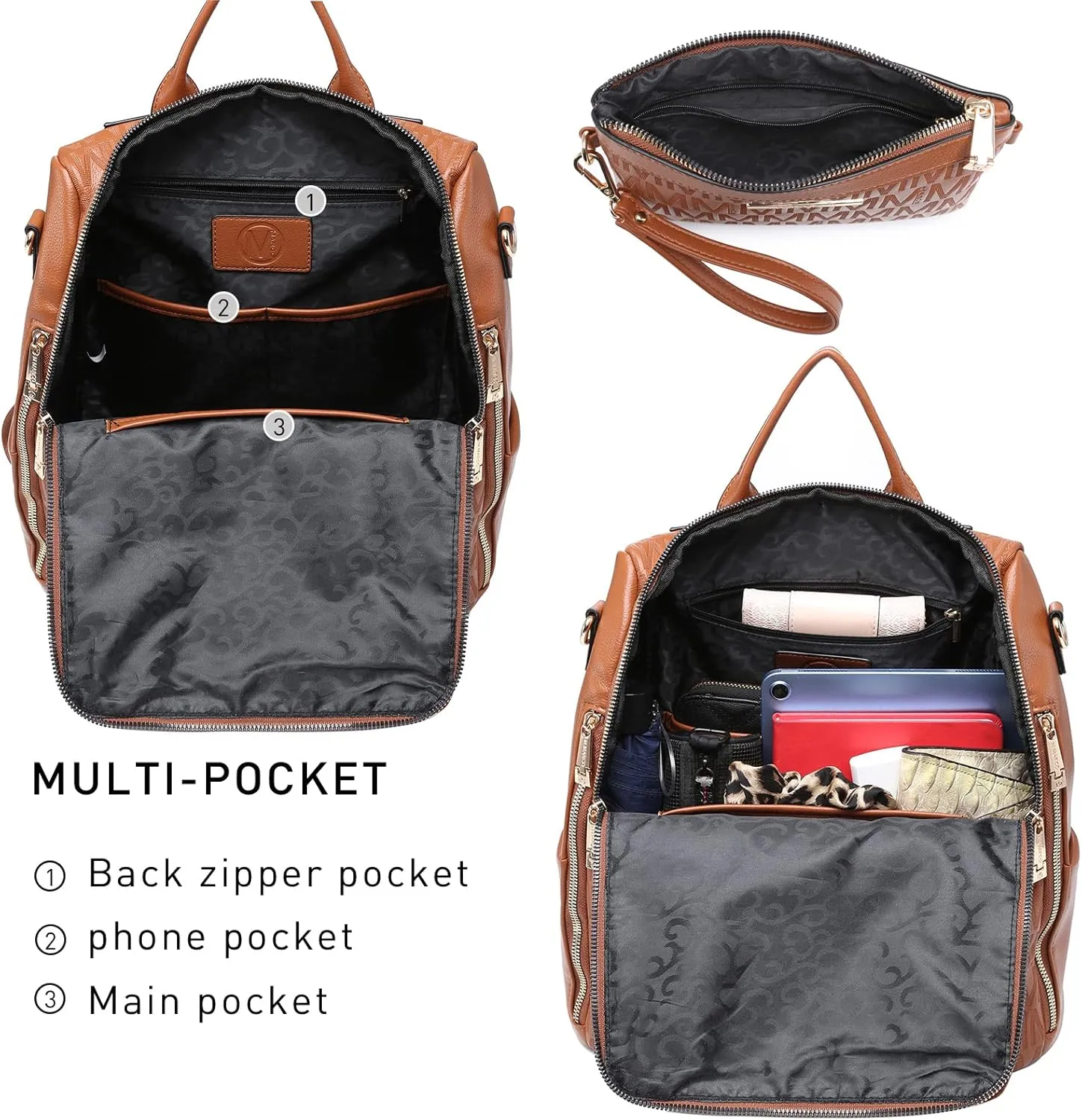 MKP Women Fashion Backpack Purse PU Leather Convertible Medium Ladies Rucksack Travel Shoulder Bags Handbag and Purse 2Pcs Brown