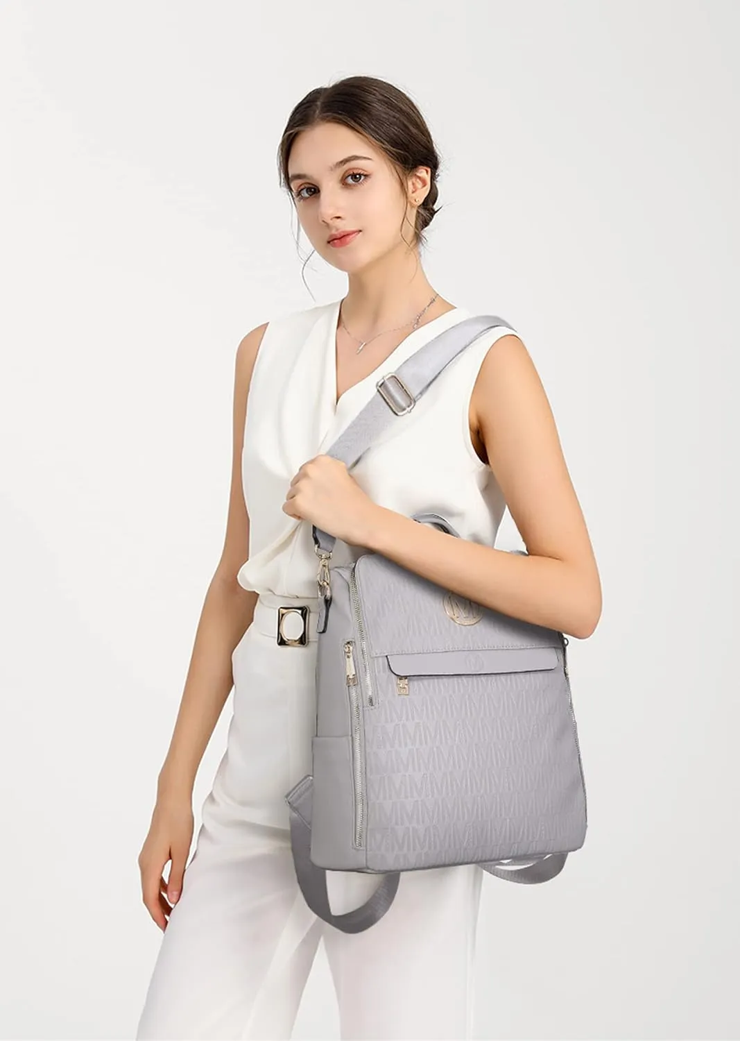 MKP Women Fashion Backpack Purse PU Leather Convertible Medium Ladies Rucksack Travel Shoulder Bags Handbag and Purse 2Pcs Grey