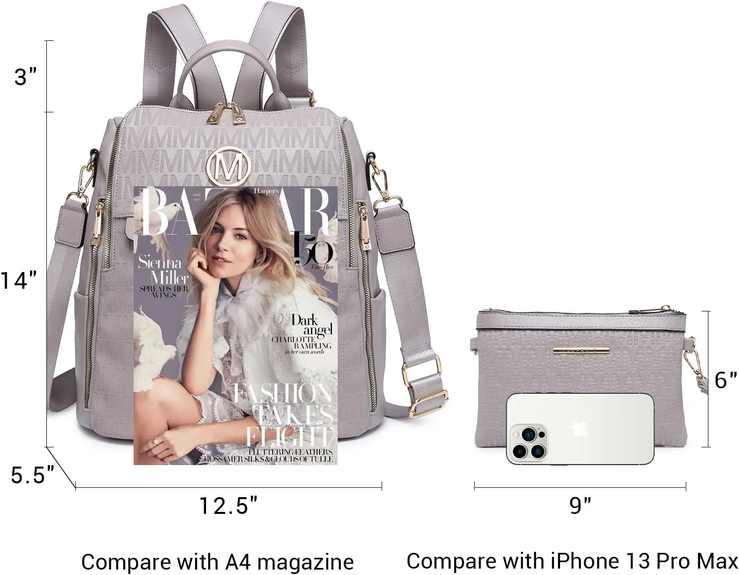 MKP Women Fashion Backpack Purse PU Leather Convertible Medium Ladies Rucksack Travel Shoulder Bags Handbag and Purse 2Pcs Grey