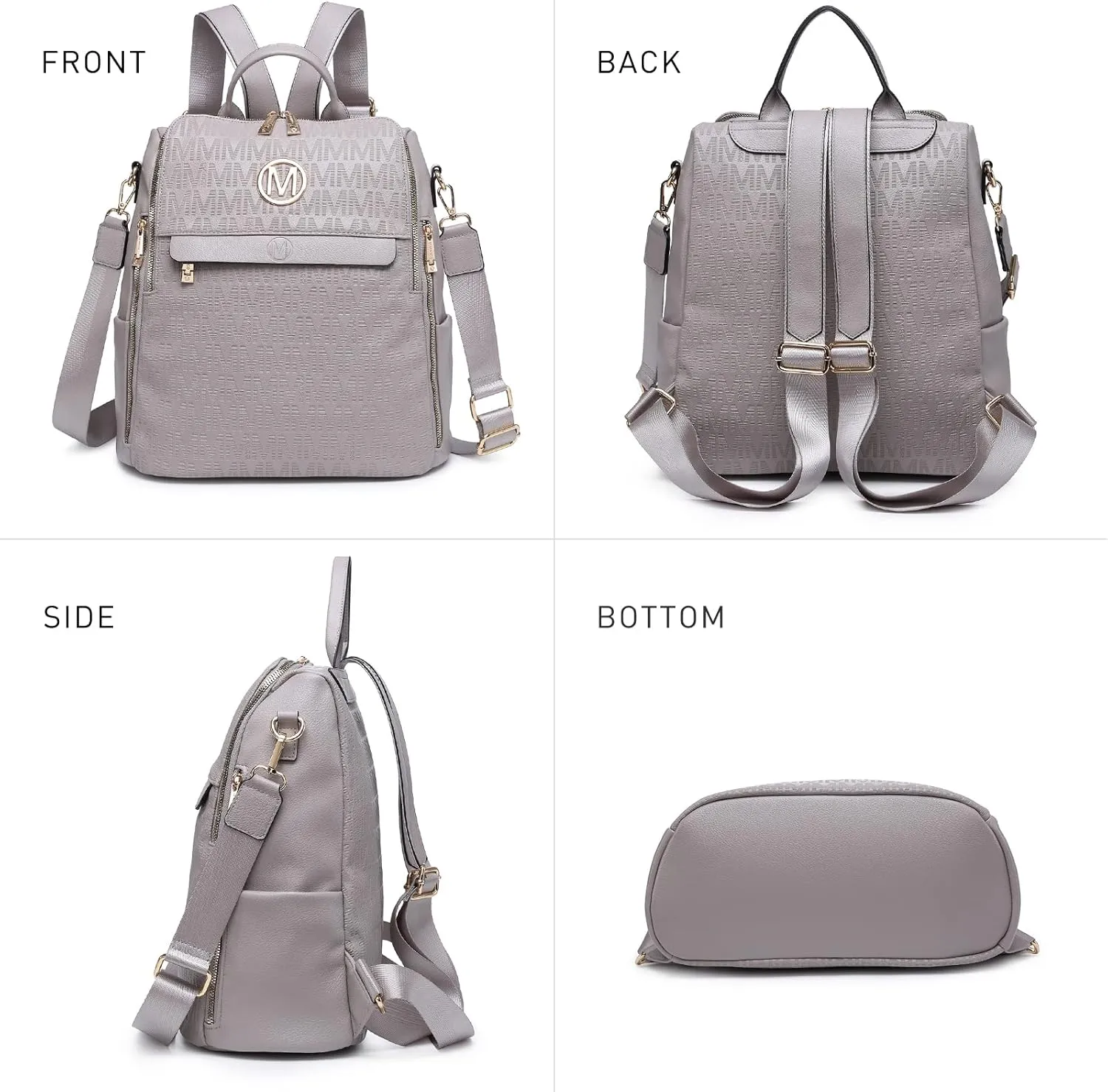 MKP Women Fashion Backpack Purse PU Leather Convertible Medium Ladies Rucksack Travel Shoulder Bags Handbag and Purse 2Pcs Grey
