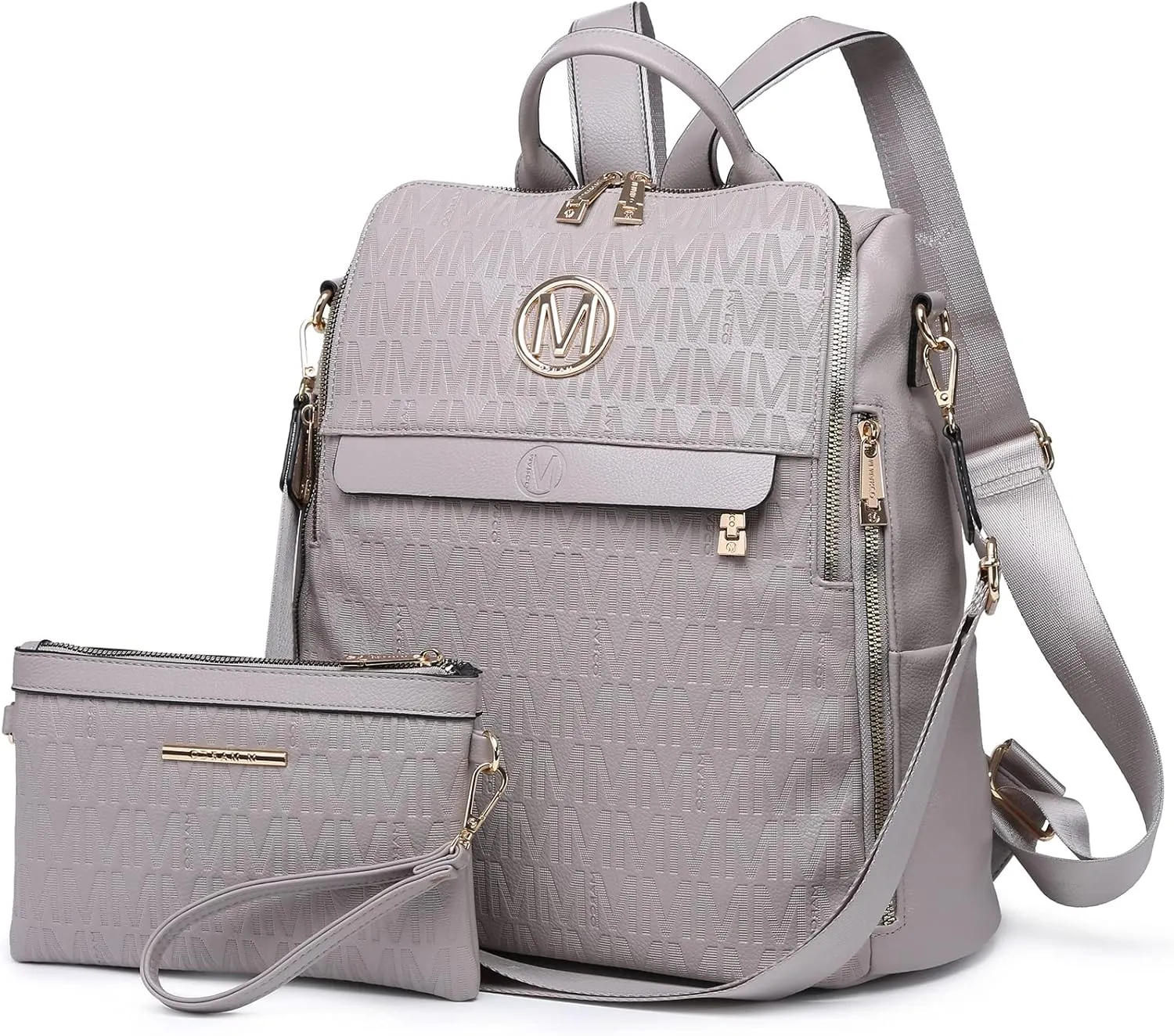 MKP Women Fashion Backpack Purse PU Leather Convertible Medium Ladies Rucksack Travel Shoulder Bags Handbag and Purse 2Pcs Grey