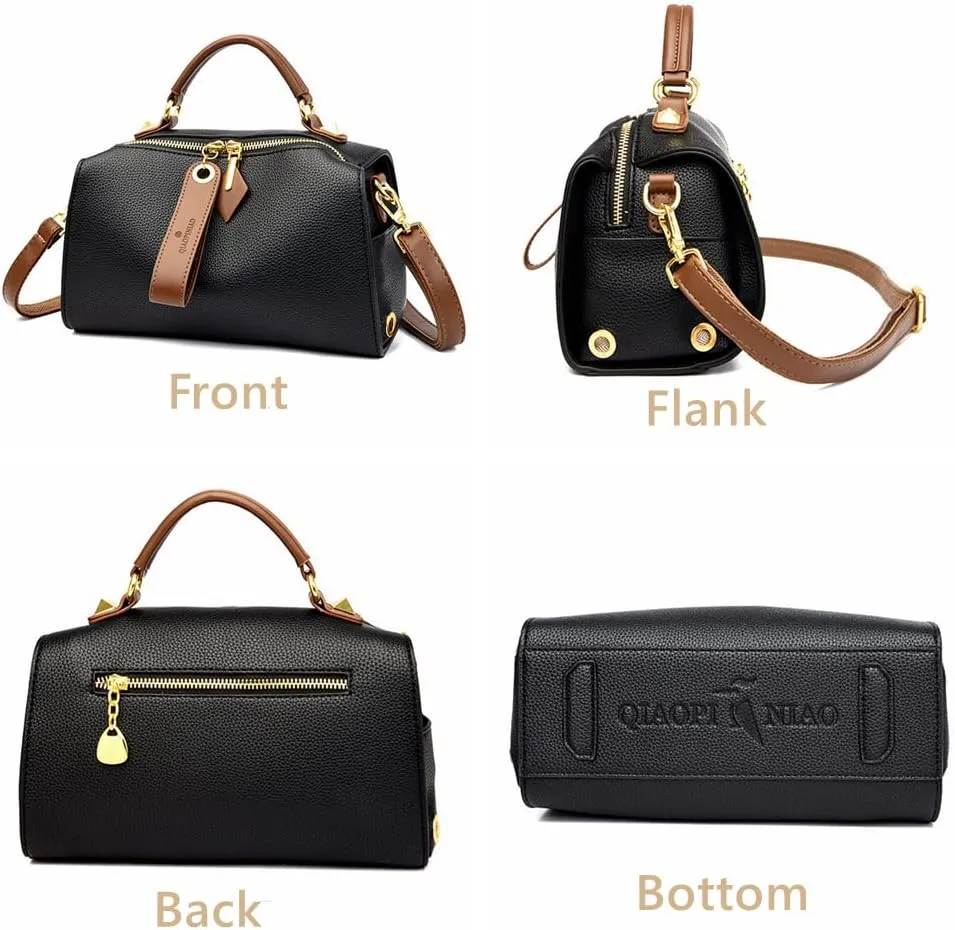 Mn&Sue Barrel Purses for Women Medium Size Leather Handbag Ladies Satchel Fashion Crossbody Bags with Convertible Strap