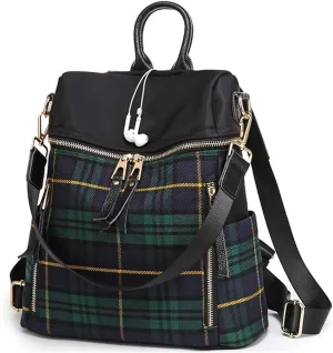 Mn&Sue Plaid Backpack Purse for Women Fashion Casual Daypack Dual-use Travel Shoulder Bag Nylon Rucksack (Green Plaid) One_Size