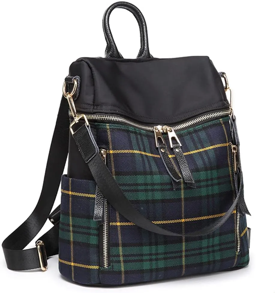 Mn&Sue Plaid Backpack Purse for Women Fashion Casual Daypack Dual-use Travel Shoulder Bag Nylon Rucksack (Green Plaid) One_Size
