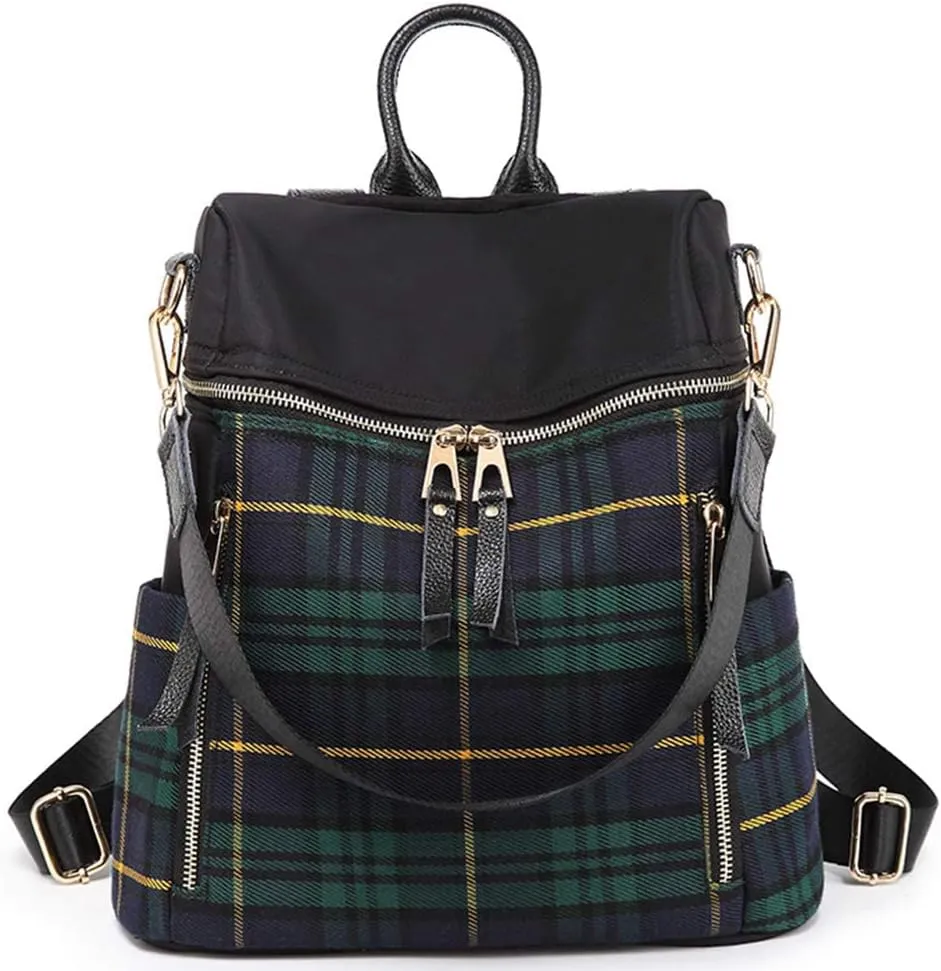 Mn&Sue Plaid Backpack Purse for Women Fashion Casual Daypack Dual-use Travel Shoulder Bag Nylon Rucksack (Green Plaid) One_Size