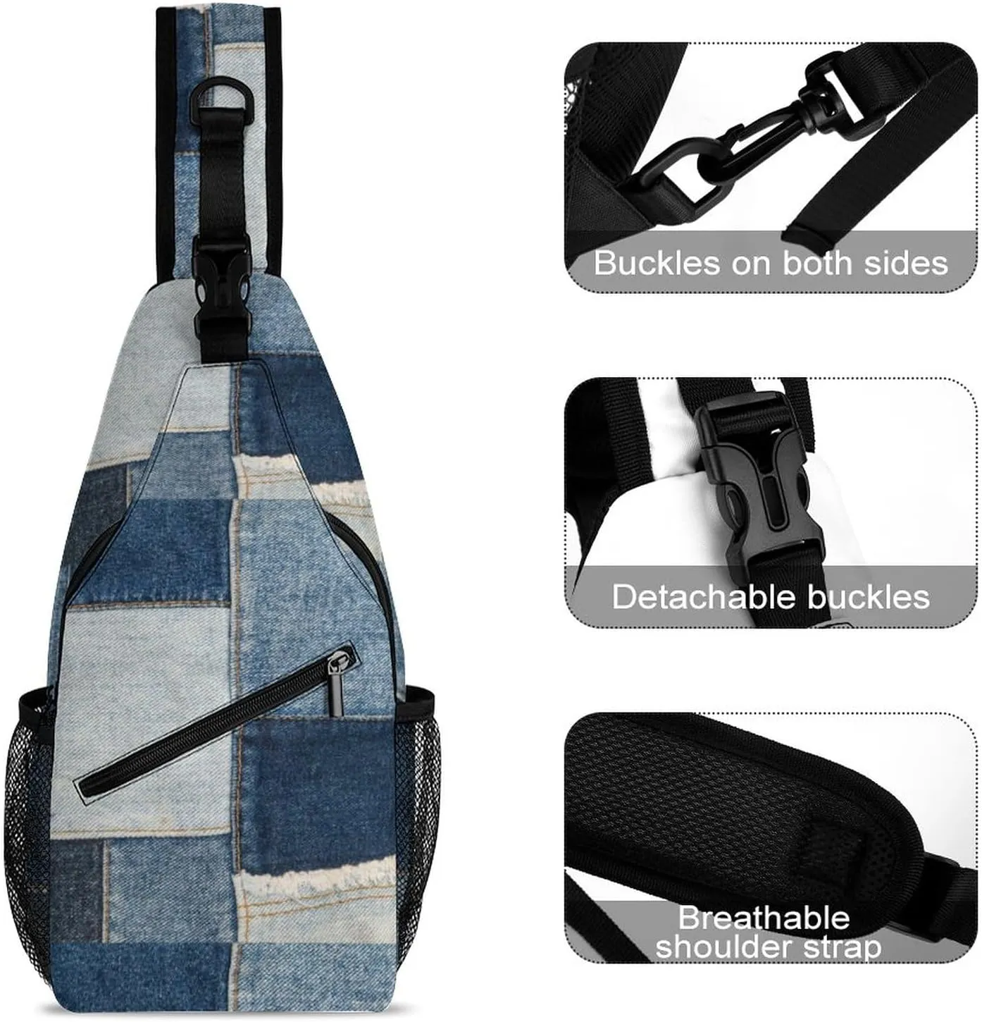 MoBlinko Retro Blue Jeans Printed Sling Bag for Women Patchwork Adjustable Crossbody Sling Backpack Chest Bag for Travel