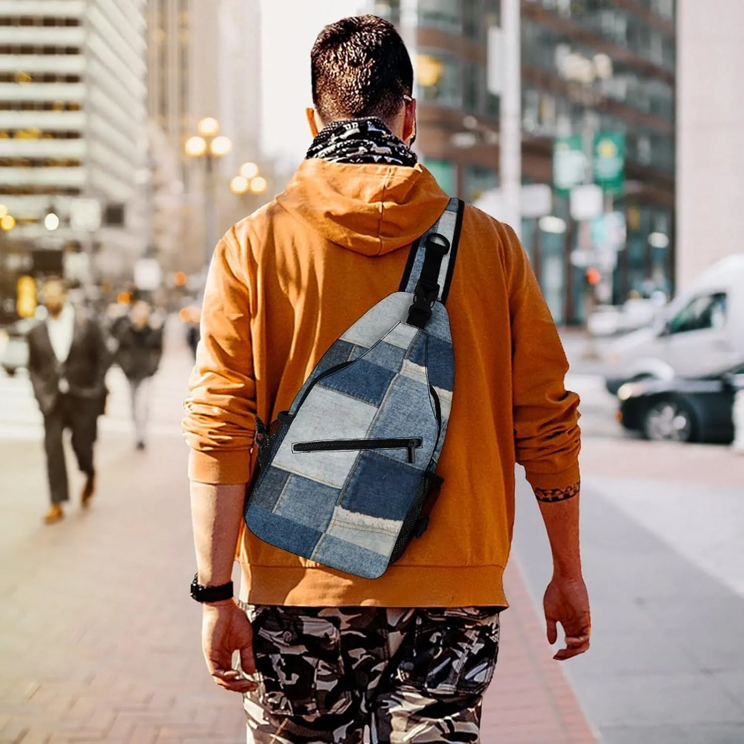 MoBlinko Retro Blue Jeans Printed Sling Bag for Women Patchwork Adjustable Crossbody Sling Backpack Chest Bag for Travel