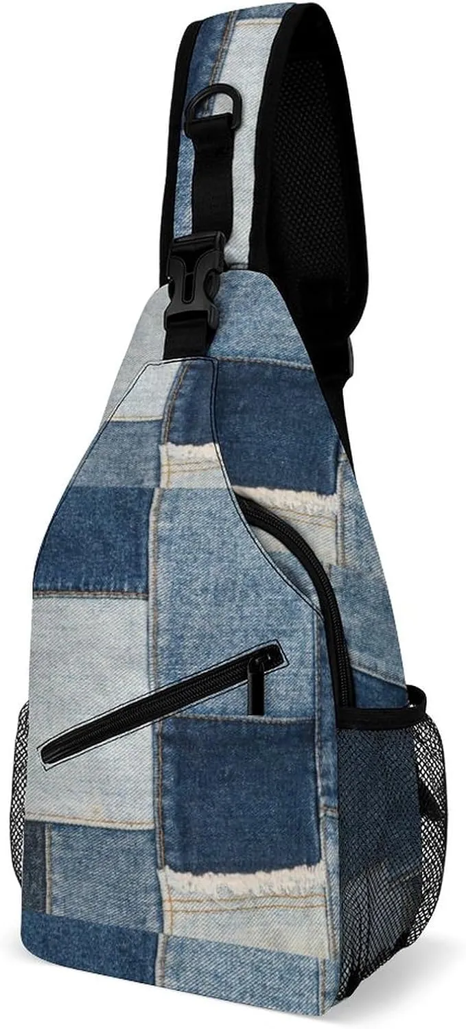MoBlinko Retro Blue Jeans Printed Sling Bag for Women Patchwork Adjustable Crossbody Sling Backpack Chest Bag for Travel