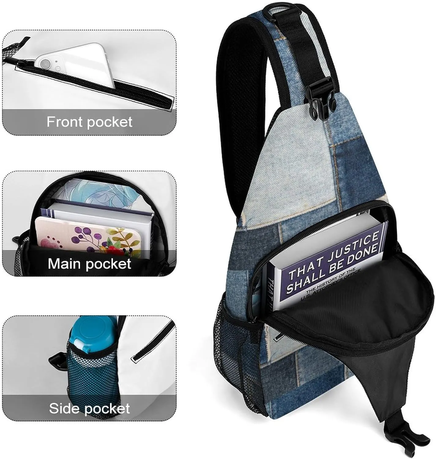 MoBlinko Retro Blue Jeans Printed Sling Bag for Women Patchwork Adjustable Crossbody Sling Backpack Chest Bag for Travel