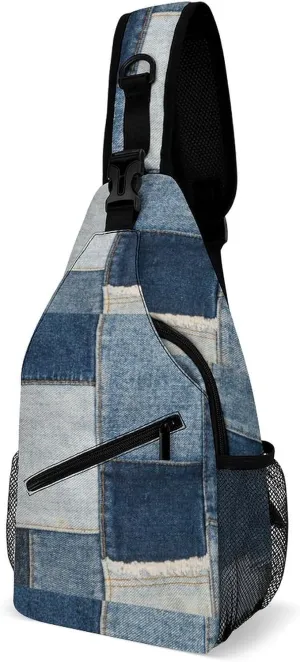 MoBlinko Retro Blue Jeans Printed Sling Bag for Women Patchwork Adjustable Crossbody Sling Backpack Chest Bag for Travel
