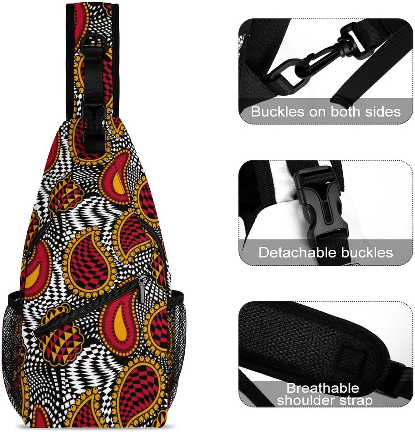 MoBlinko Sling Bag Red White Indian Paisley Women Crossbody Sling Backpack Chest Bag for Hiking Cycling Travel Gift