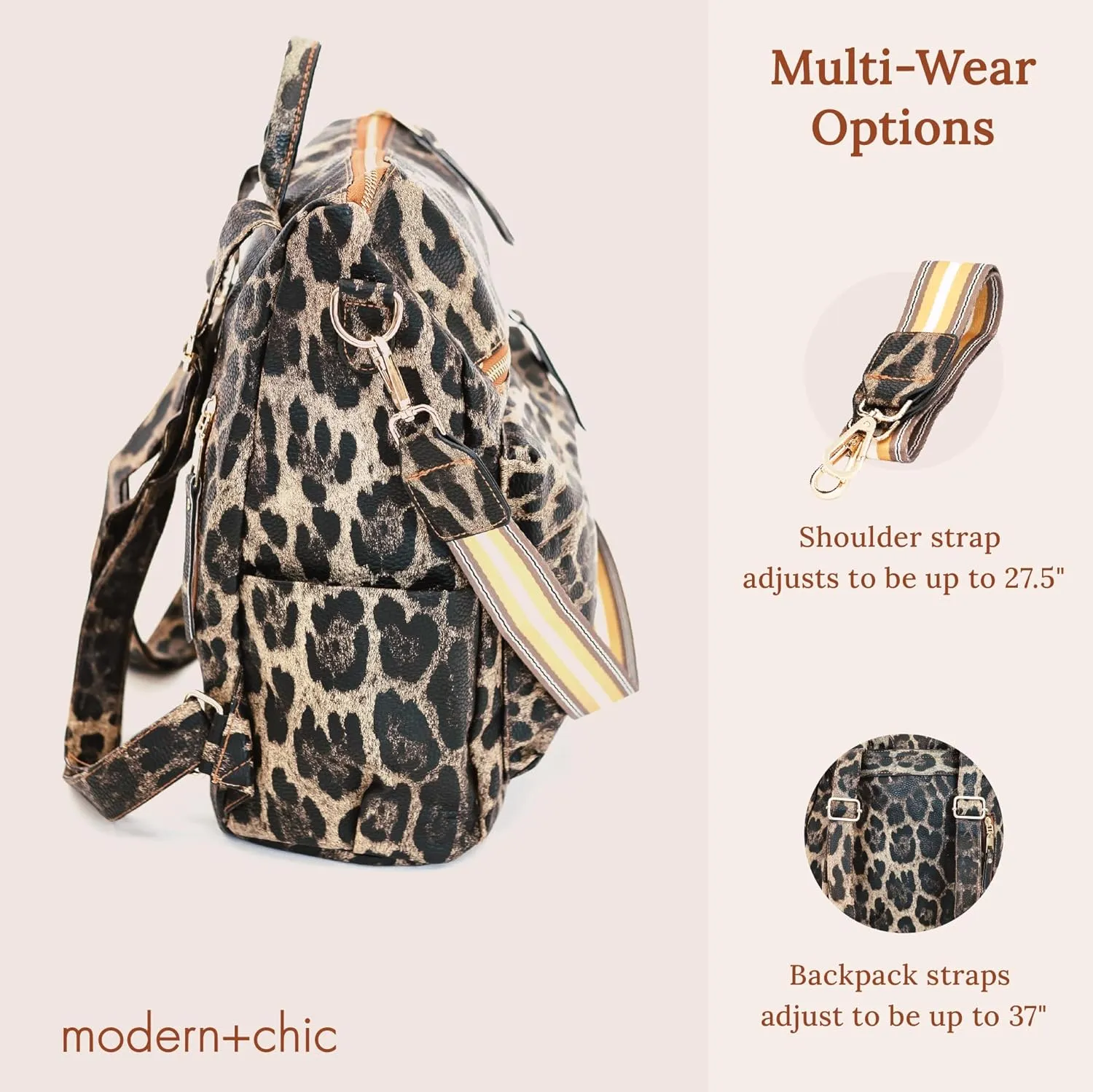Modern Chic Backpack Purse for Women - Brielle Convertible Bag, Use as Diaper & Shoulder Bag, or Womens Backpack, Made of Vegan Leather w/Removable Strap & Exterior/Interior Pockets (Brown Leopard)