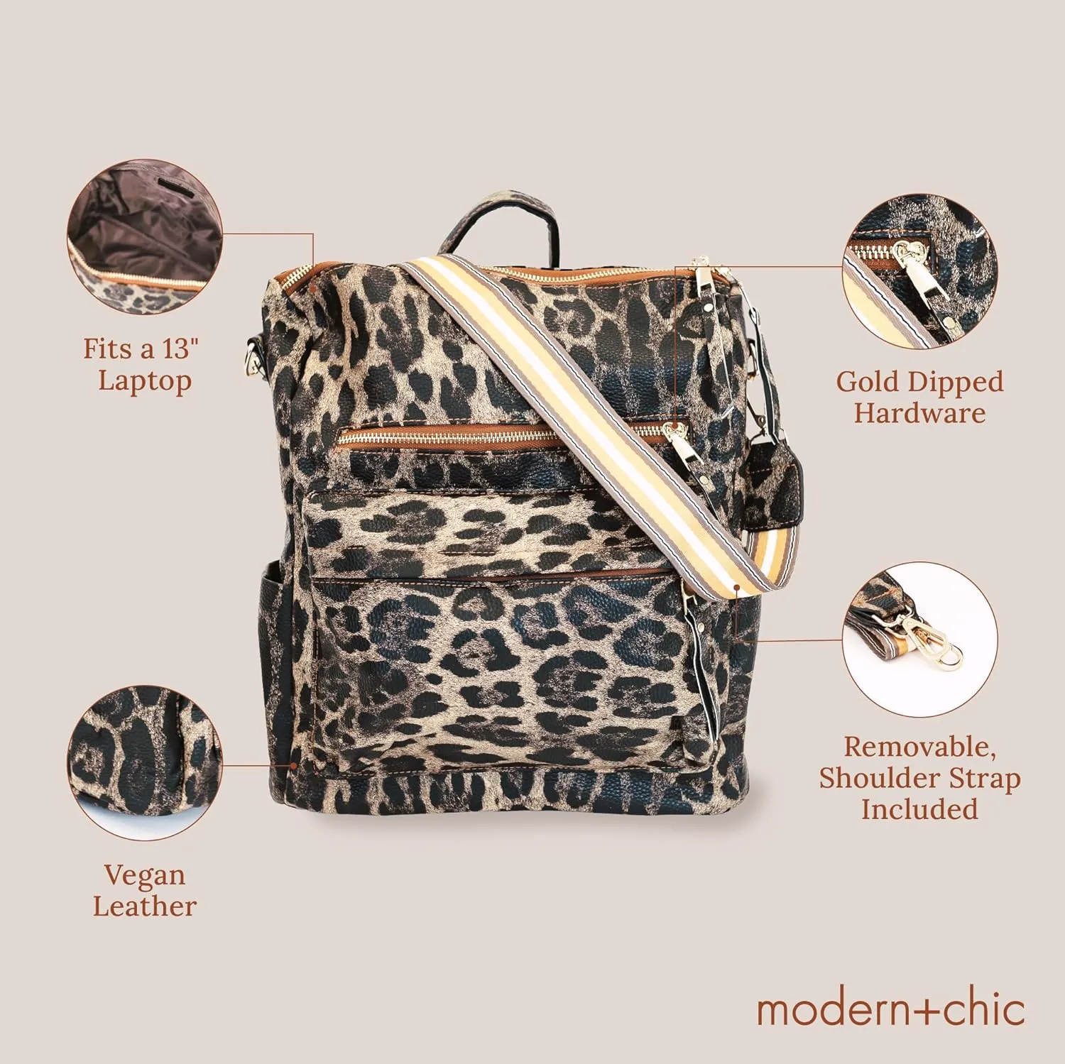 Modern Chic Backpack Purse for Women - Brielle Convertible Bag, Use as Diaper & Shoulder Bag, or Womens Backpack, Made of Vegan Leather w/Removable Strap & Exterior/Interior Pockets (Brown Leopard)