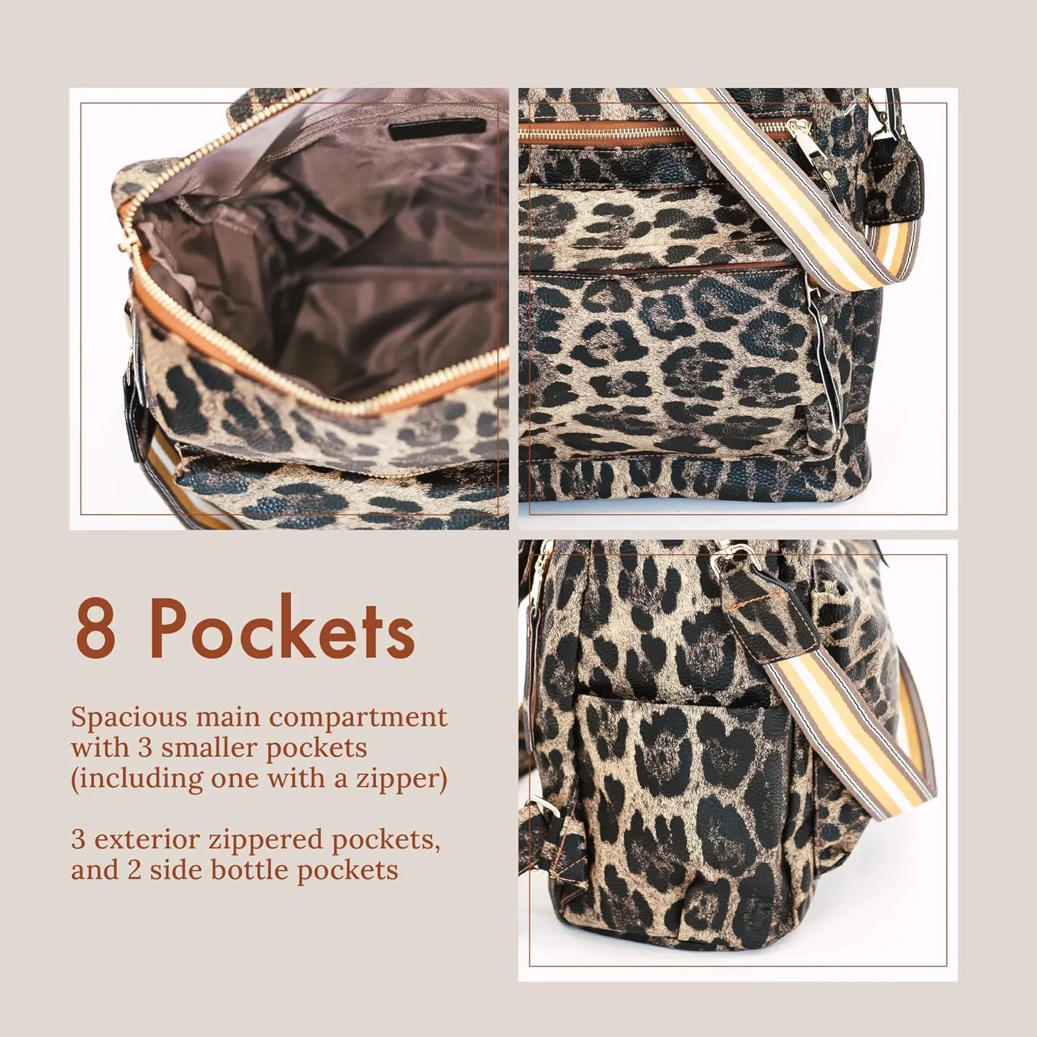 Modern Chic Backpack Purse for Women - Brielle Convertible Bag, Use as Diaper & Shoulder Bag, or Womens Backpack, Made of Vegan Leather w/Removable Strap & Exterior/Interior Pockets (Brown Leopard)