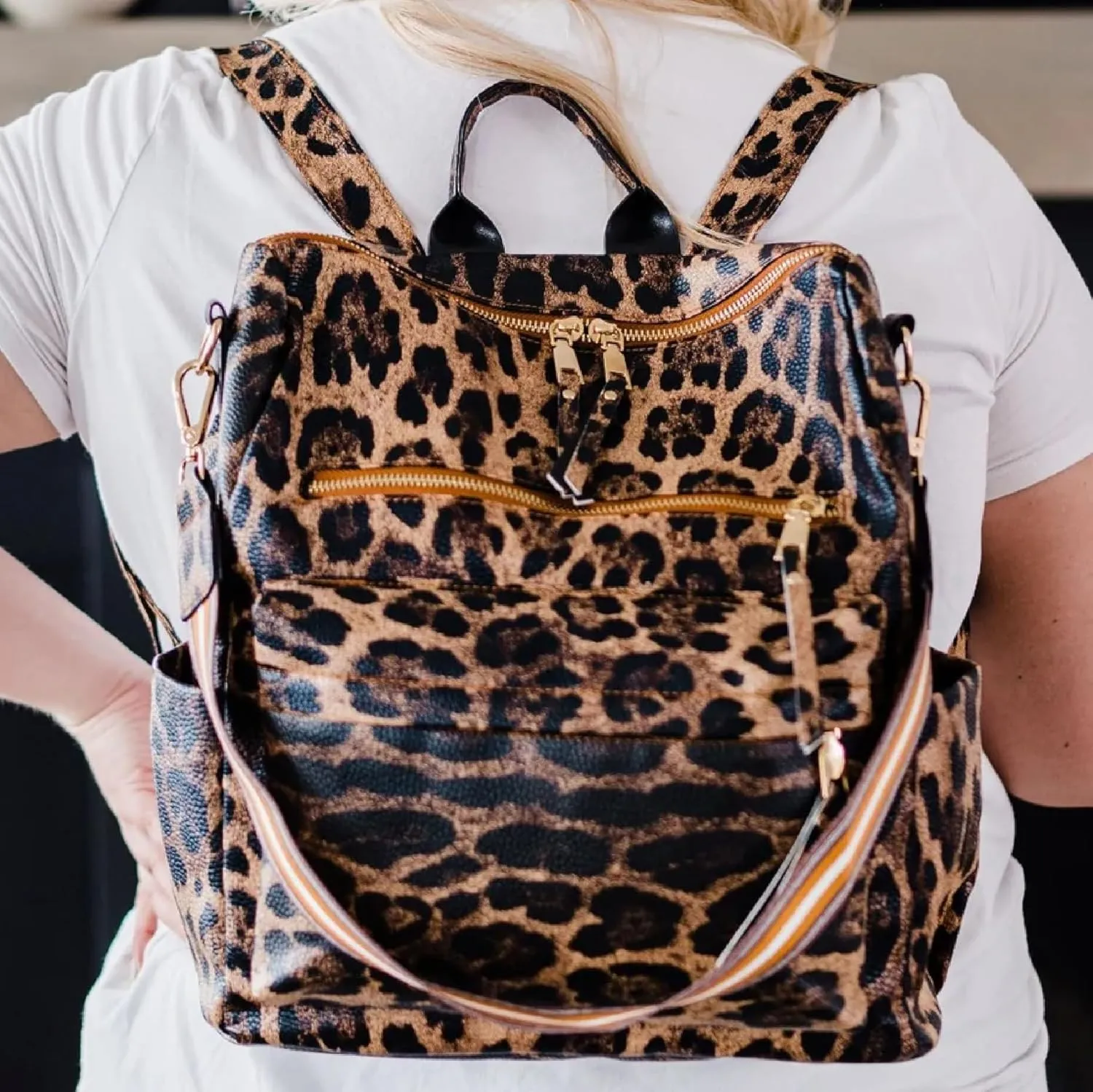 Modern Chic Backpack Purse for Women - Brielle Convertible Bag, Use as Diaper & Shoulder Bag, or Womens Backpack, Made of Vegan Leather w/Removable Strap & Exterior/Interior Pockets (Brown Leopard)