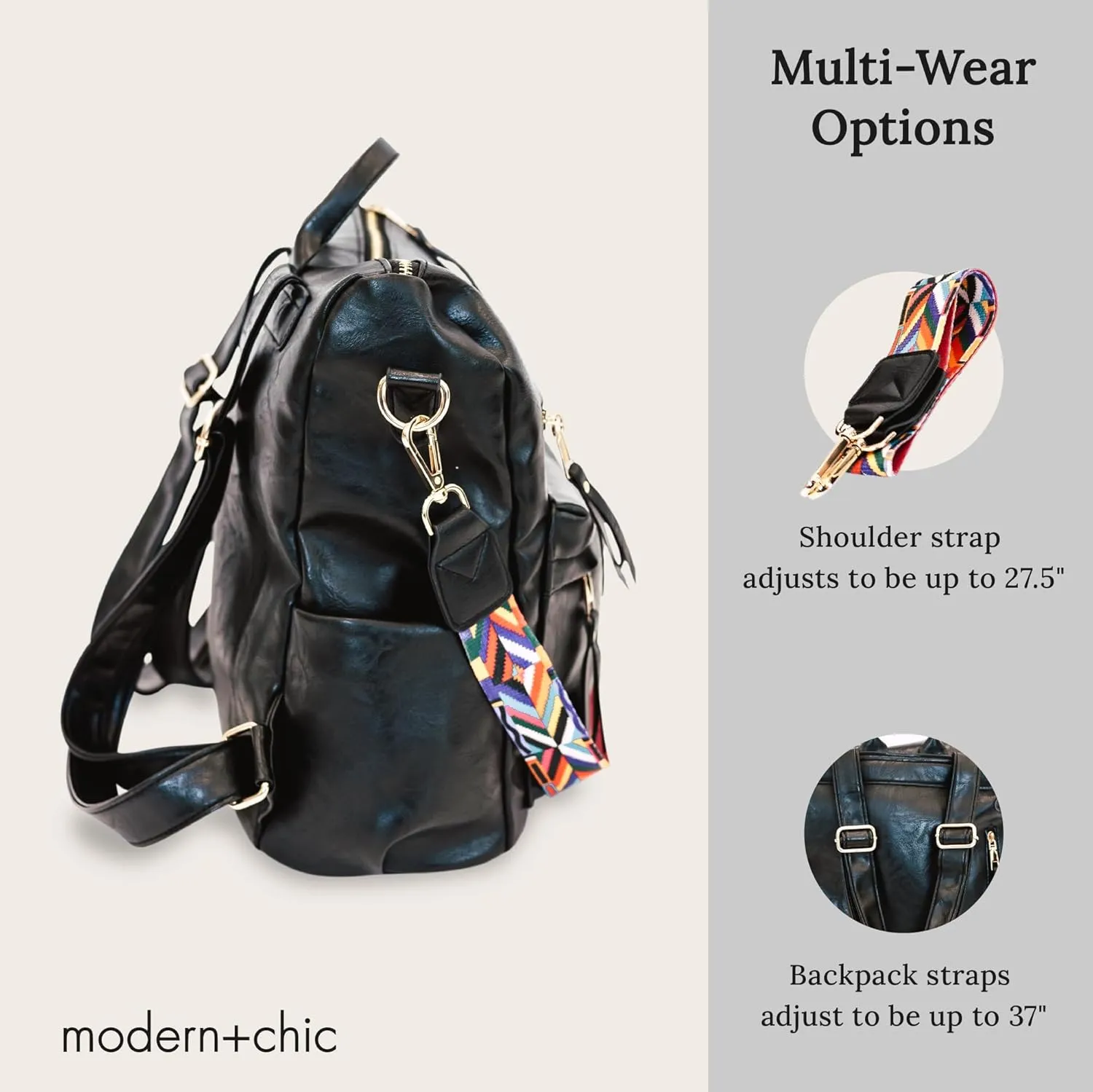 Modern Chic Backpack Purse for Women - Brielle Convertible Bag, Use as Diaper Bag, Shoulder Bag, or Womens Backpack, Made of Vegan Leather with Removable Strap and Exterior/Interior Pockets (Black)