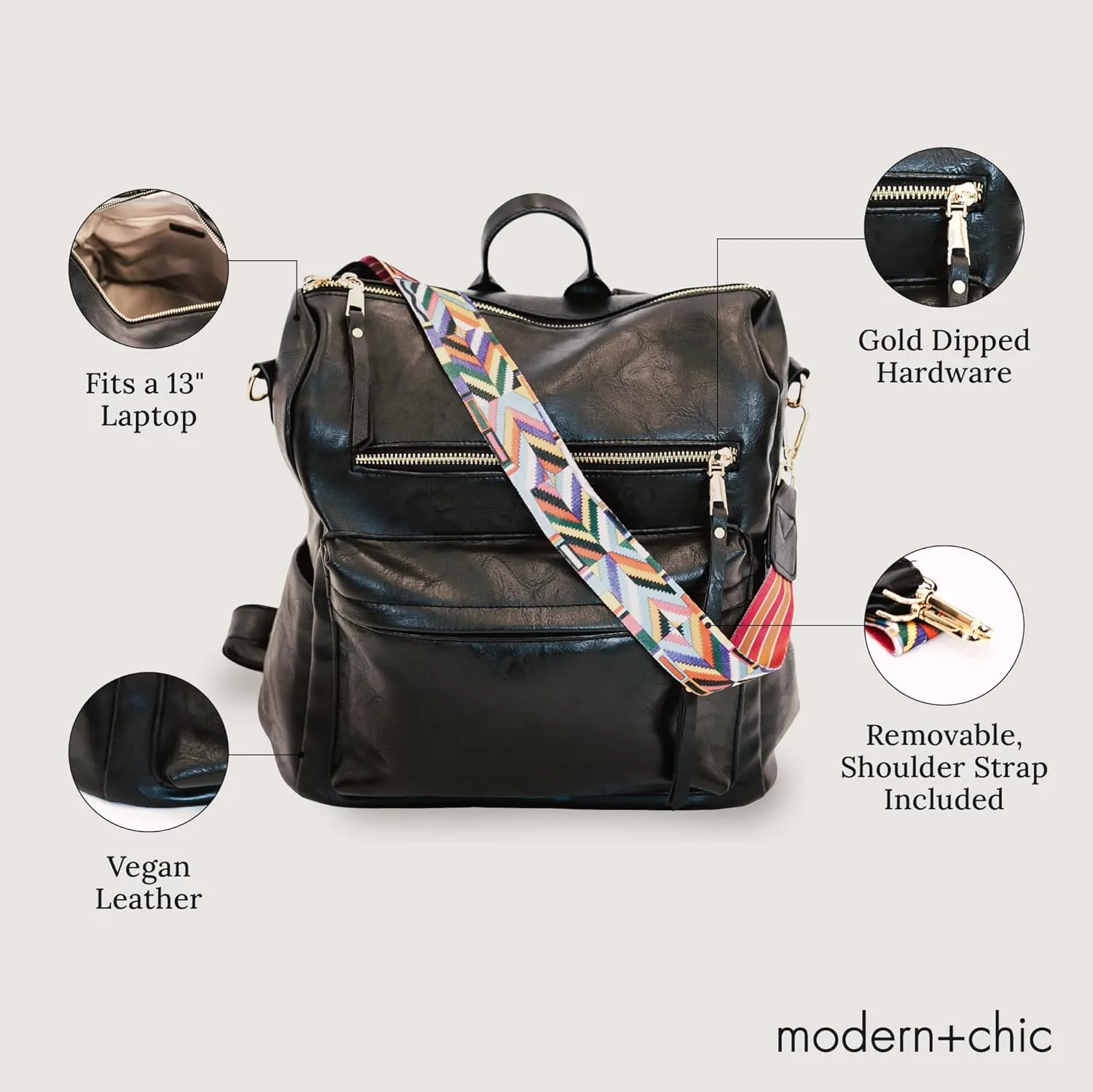 Modern Chic Backpack Purse for Women - Brielle Convertible Bag, Use as Diaper Bag, Shoulder Bag, or Womens Backpack, Made of Vegan Leather with Removable Strap and Exterior/Interior Pockets (Black)