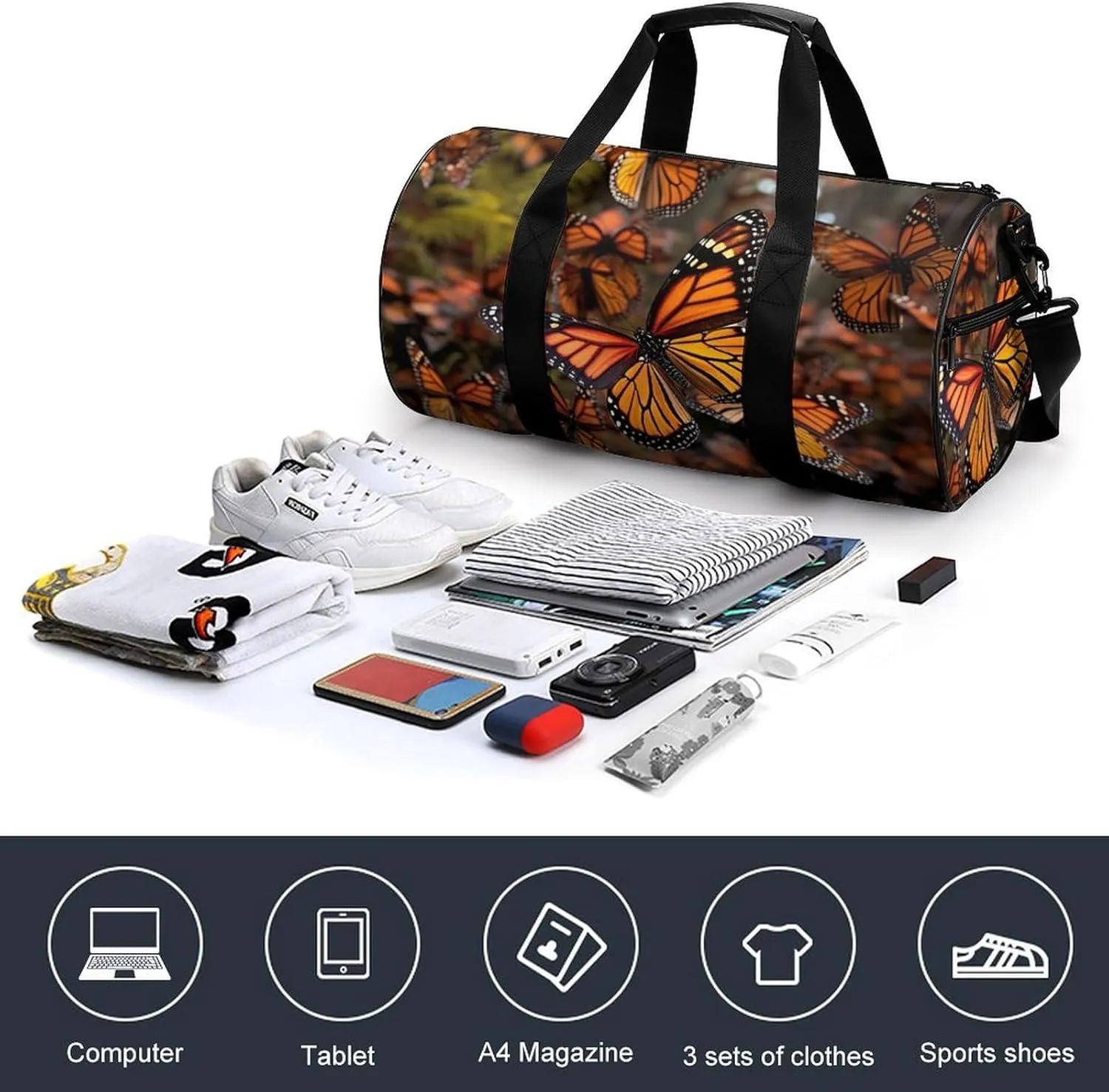 Monarch Butterflies Gym Bag Small Travel Duffle Bag with Compartment Carry On Weekender Bag for Women Men