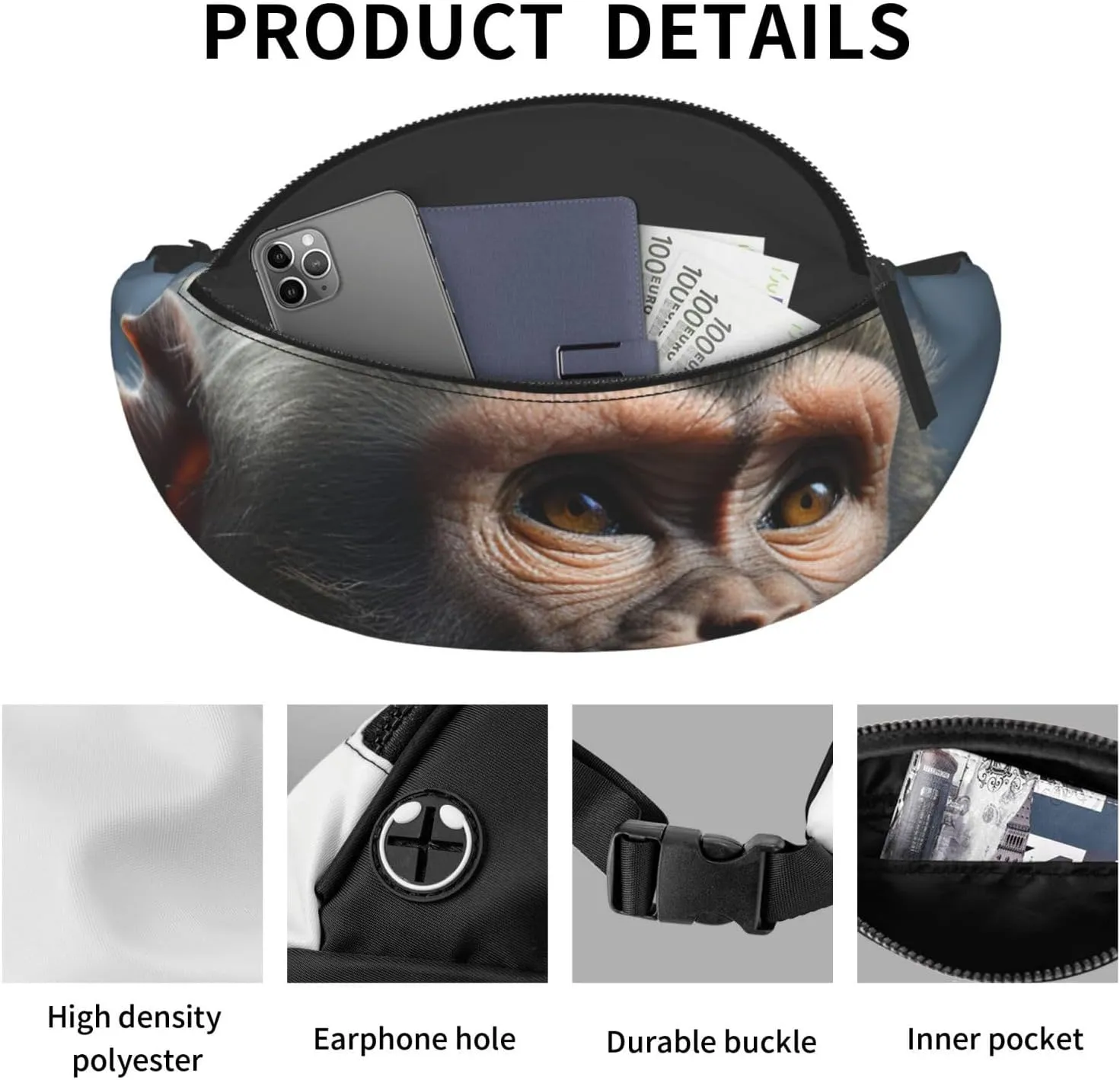 Monkey Fanny Pack for Women Men Waist Bag Waterproof Belt Bag with Adjustable Strap