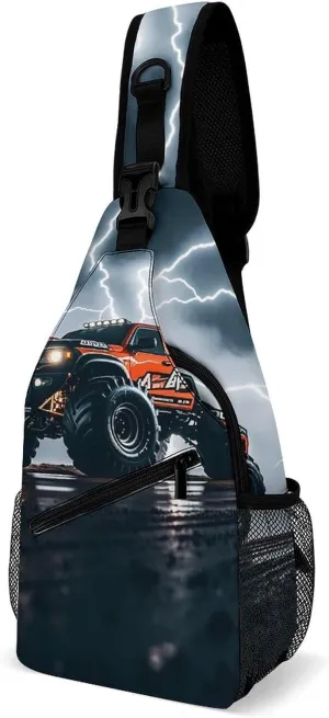Monster Truck Black Sky Lightning Roar Crossbody Sling Bag for Women Men Sling Backpack Travel Chest Bag Pack Man Purse Shoulder Bags Daypack for Travel Hiking Cycling