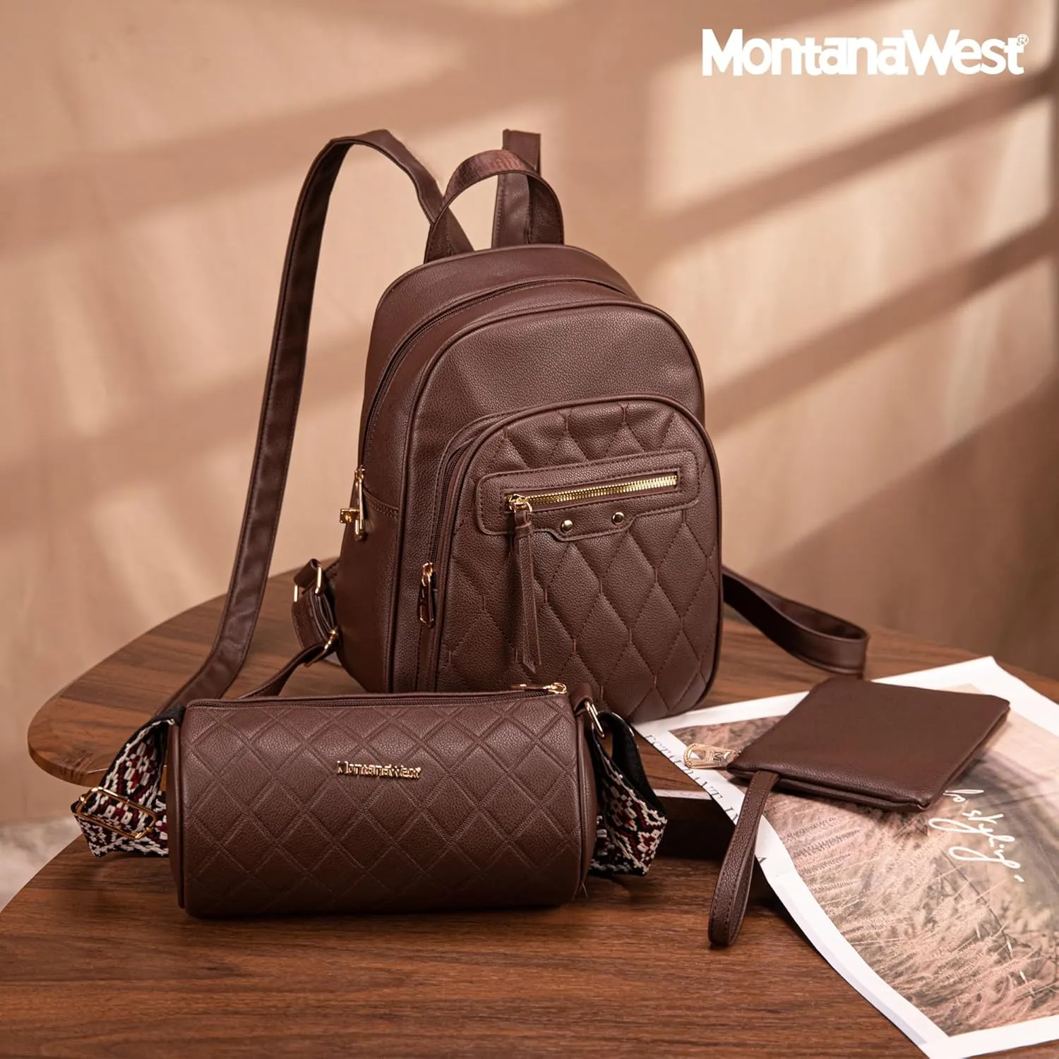 Montana West 3Pcs Anti Theft Backpack Purse for Women Small Quilted Backpack Set