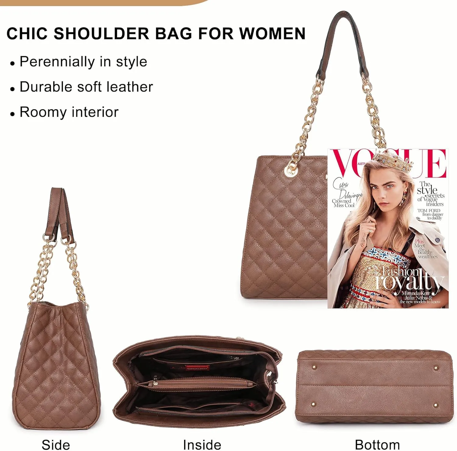 Montana West MEDIUM Tote Bag for Women Quilted Chain Handbags Shoulder Purse