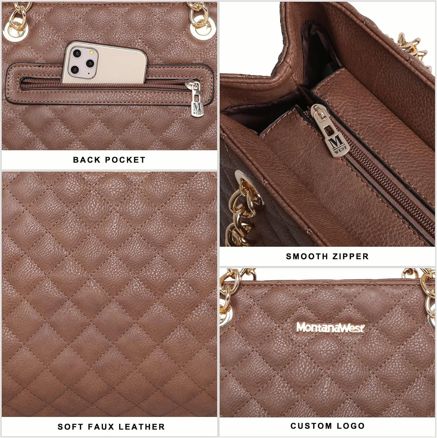 Montana West MEDIUM Tote Bag for Women Quilted Chain Handbags Shoulder Purse