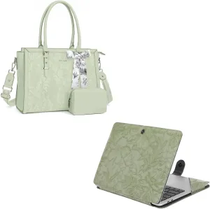 MOSISO Embossed Retro Hibiscus PU Leather Portfolio Protective Stand Cover&Laptop Tote Bag, 15.6-16 inch PU Leather Embossed Retro Hibiscus Computer Bag with Silk Scarf&Clutch Purse, Sage Green
