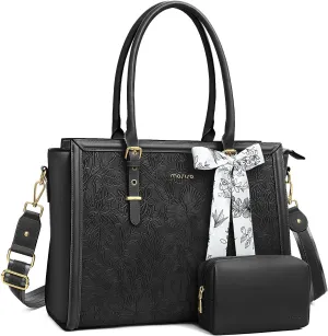 MOSISO Laptop Tote Bag for Women, 15.6-16 inch PU Leather, Compatible with MacBook, HP, Dell, Asus Notebook, Front Embossed Retro Hibiscus Computer Bag with Silk Scarf & Clutch Purse, Black